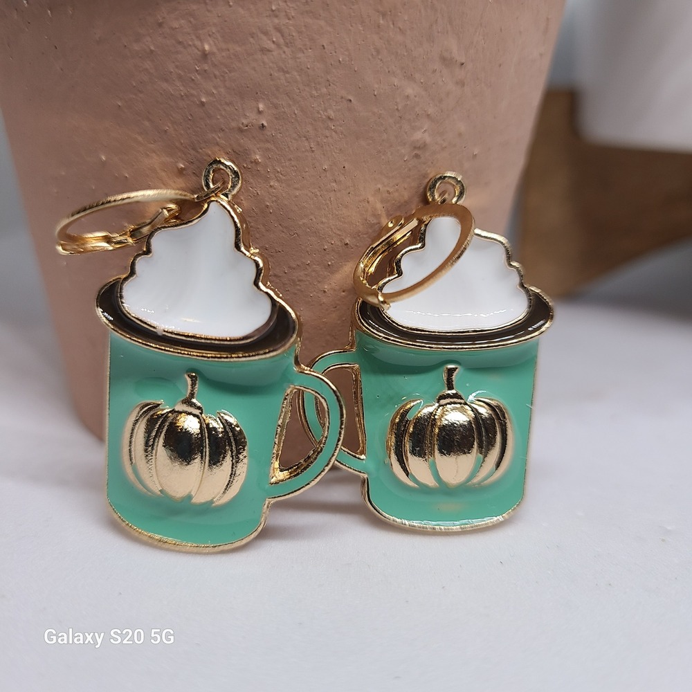 Pumpkin‎ Spice Latte Earrings Gold Enamel Fall Autumn Coffee Drink Dangle NWOT
